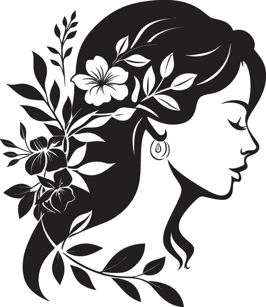 feminin gedeihen Vektor Symbol von ein schwarz Blumen- Frau Gesicht strahlend Rose ein schwarz Logo Design präsentieren Blumen- Frau Gesicht