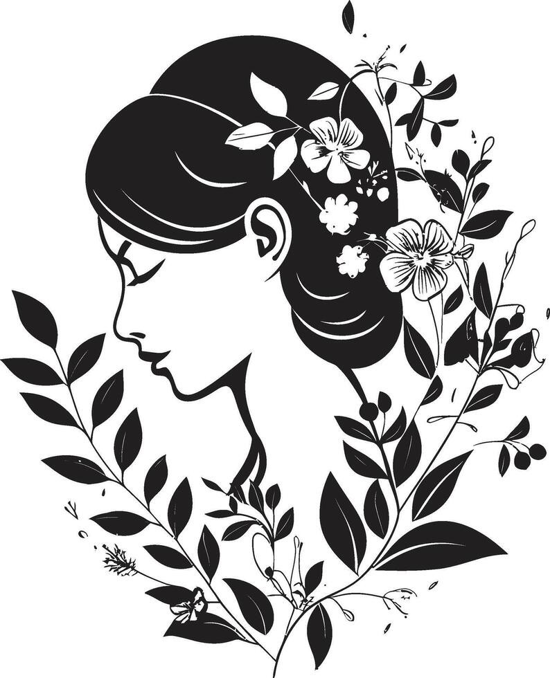 Blütenblätter von Eleganz schwarz Logo Design mit ein Blumen- Frau Gesicht anmutig blüht feminin Flair im schwarz Blumen- Frau Gesicht Symbol vektor