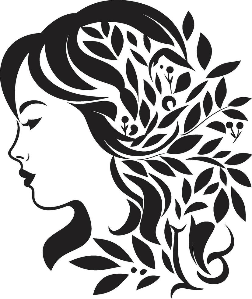 ätherisch Wesen Vektor schwarz Logo Erfassen ein Frauen Gesicht mit Blumen blühen Eleganz schwarz Logo Design mit ein Blumen- Frau Gesicht