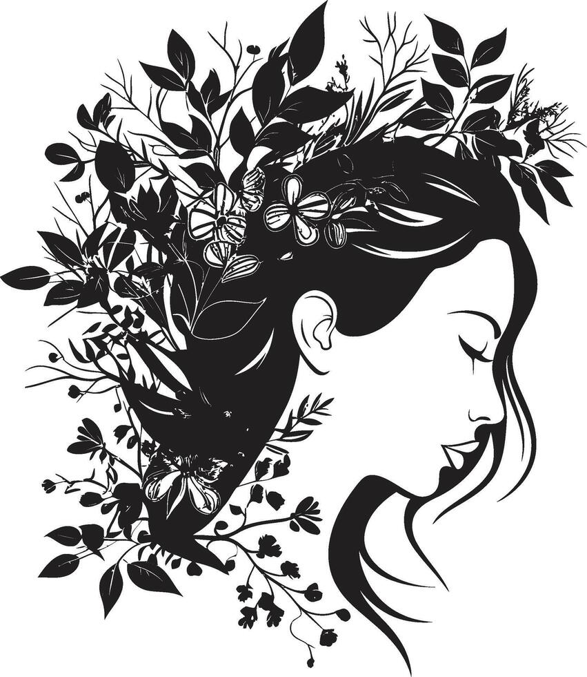 Blütenblätter von Gelassenheit Vektor Symbol von ein Frauen Gesicht im schwarz Blumen- Harmonie schwarz Logo Design Umarmen Frauen Gesicht mit Eleganz