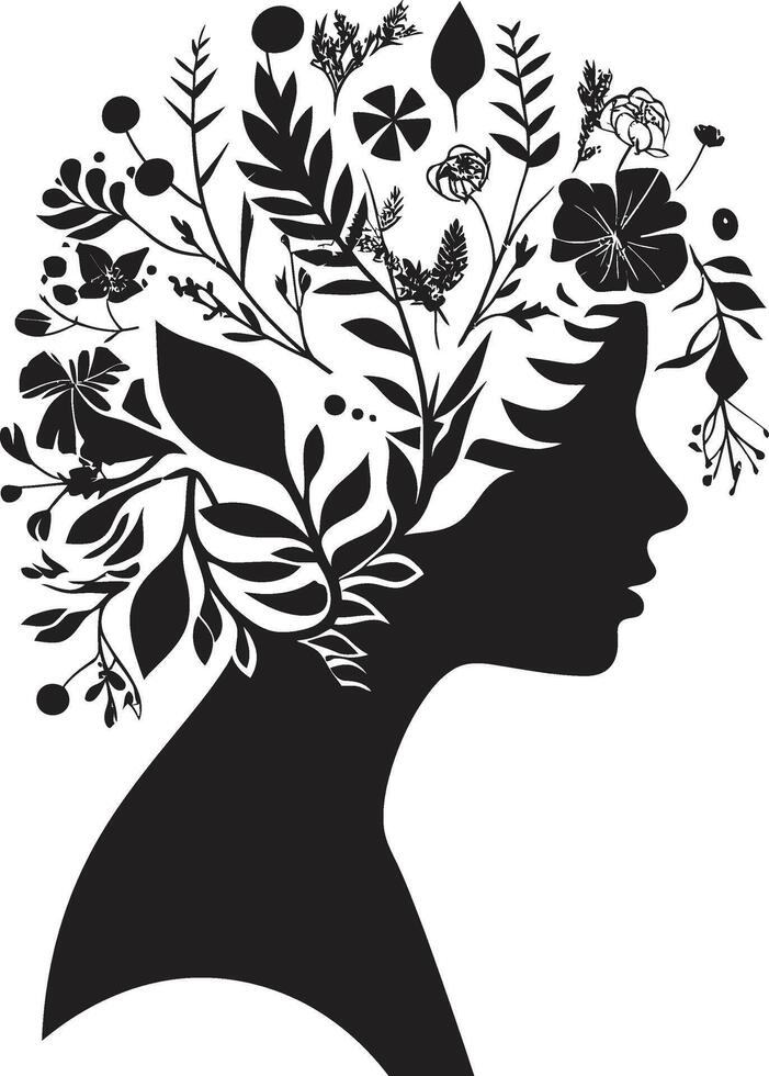 botanisch Charme Vektor schwarz Logo symbolisieren ein Blumen- Frau Gesicht unendlich Blütenblätter schwarz Logo Design mit ein Vektor Blumen- Frau Gesicht