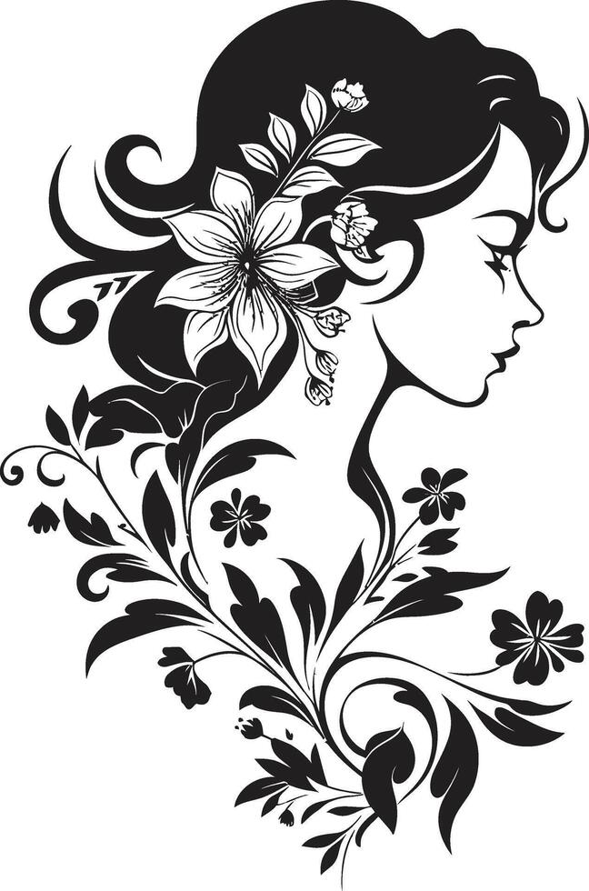 kronblad av balans svart logotyp design terar en kvinnors ansikte i blom blomstrande charm vektor symbol av en svart blommig kvinna ansikte