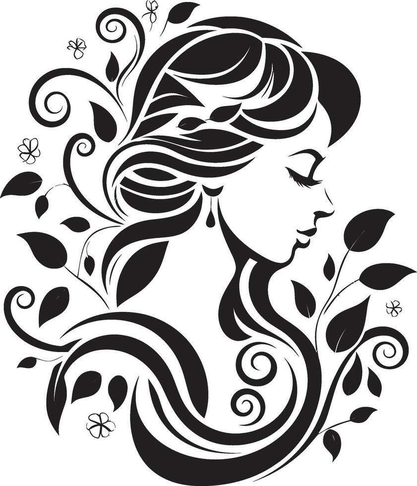 botanisch Schönheit schwarz Logo Design mit Blumen- Frau Gesicht Infusion strahlend Rose ein Vektor schwarz Logo präsentieren Blumen- Frau Gesicht