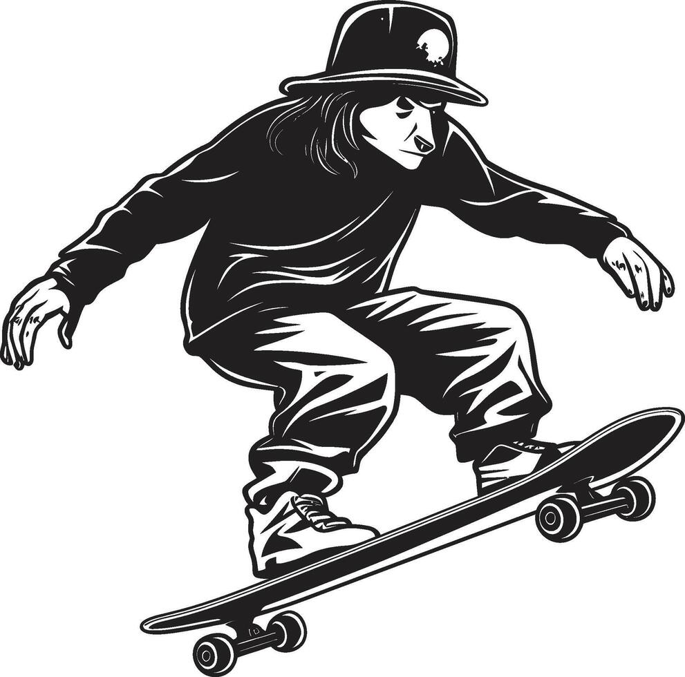 allvar guru ikoniska vektor av en man på en skateboard i svart skateboard synkronisering svart logotyp design fångande de harmoni av ridning