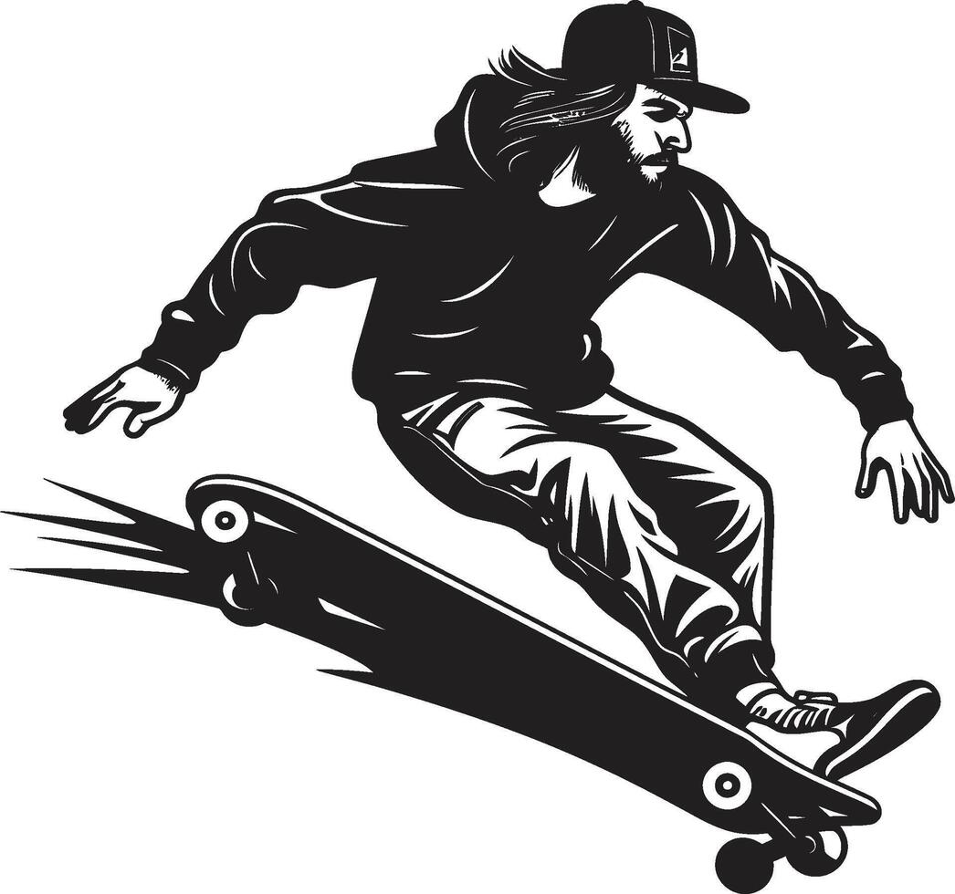 städtisch Elevation dynamisch Vektor Symbol von ein Mann auf ein Skateboard im schwarz Nervenkitzel Transformator schwarz Logo Design mit ein Skateboarding Mann