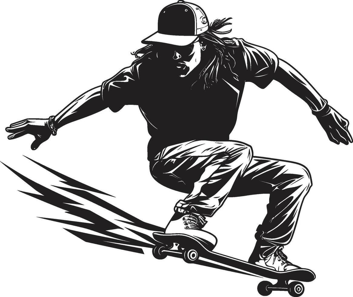 spänning trampare kantig svart logotyp design med en skateboard man ikon rullande rapsodi vektor svart symbol uttrycker de melodi av ridning