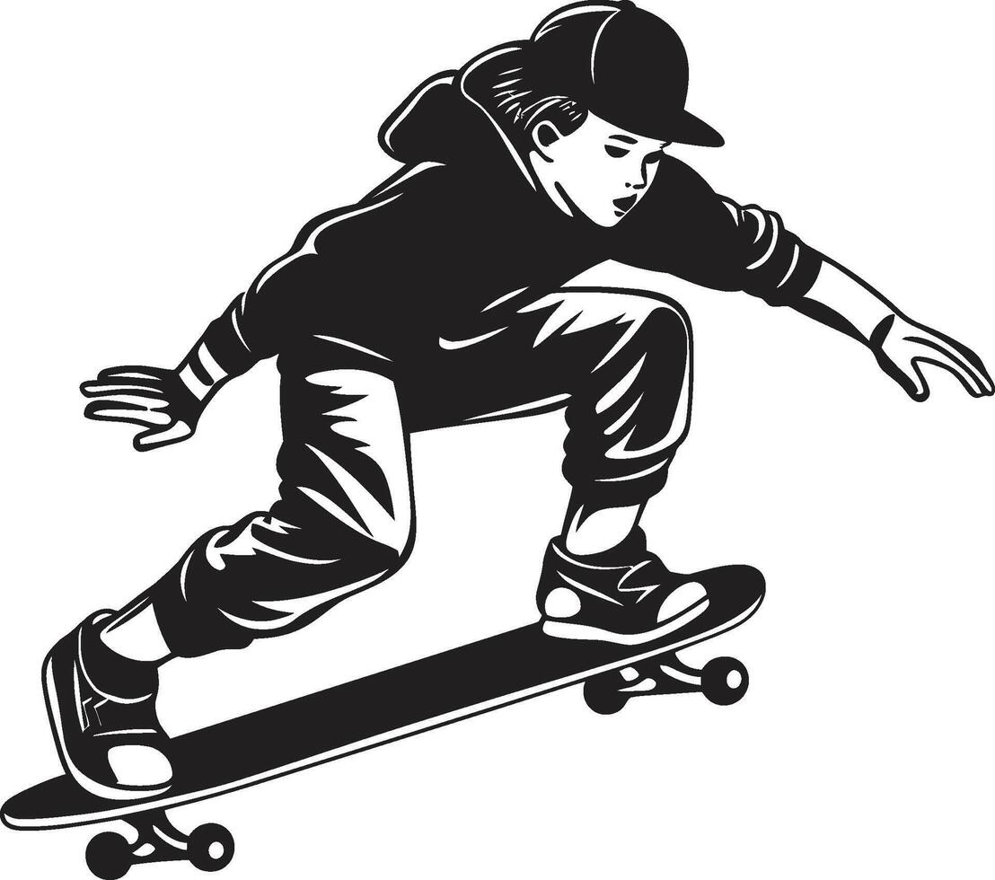 Nervenkitzel Vorreiter schwarz Logo Design mit ein Skateboarding Mann Straße Schwall Vektor Symbol bedeuten das Energie von Skateboarding im schwarz