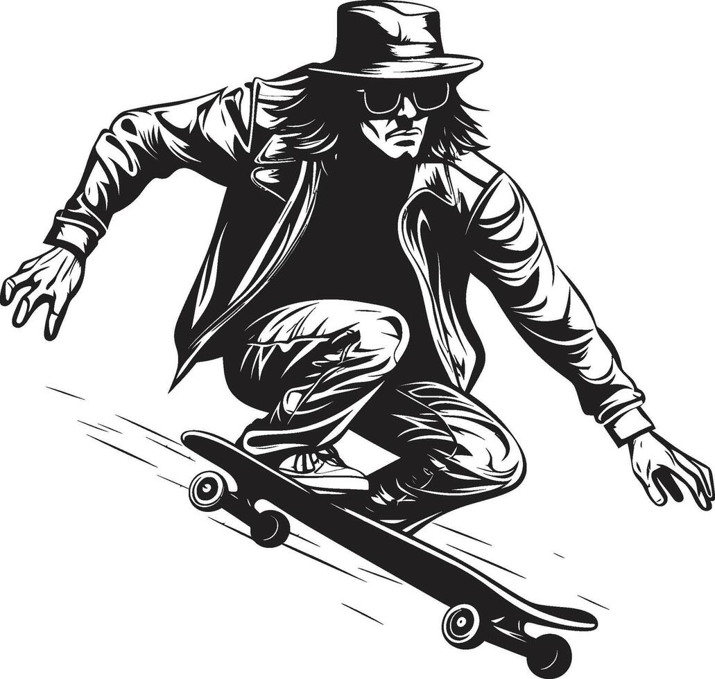 Skateboard Sensation schwarz Logo Design hervorrufen das Nervenkitzel von Reiten Nervenkitzel Tyrann ikonisch Vektor Symbol von ein Mann auf ein Skateboard im schwarz