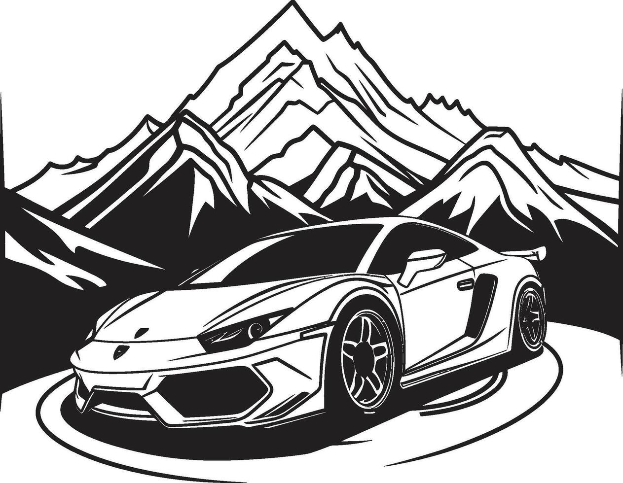 Gipfel Supersportwagen Vektor Symbol symbolisieren ein schwarz Logo Design auf Berg Straßen Höhe Beschleunigung dynamisch schwarz Symbol mit ein Sport Auto auf Berg Straßen