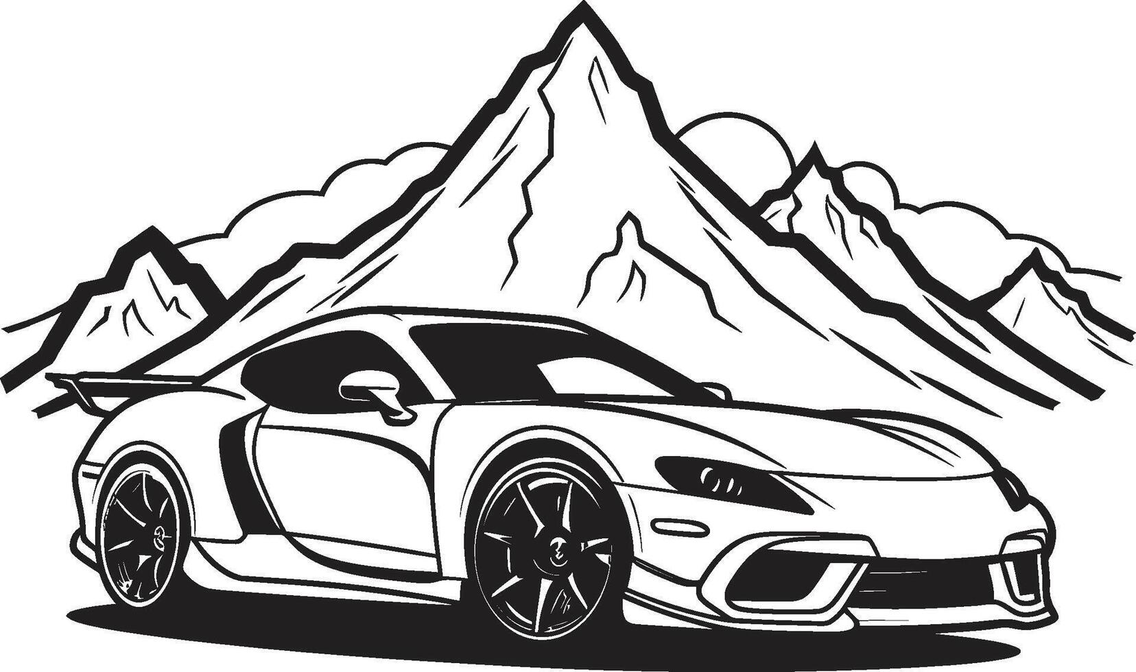 Gipfel Symphonie glatt schwarz Logo Design mit ein Sport Auto Symbol Tanzen auf Berg Wanderwege alpin Anerkennung dynamisch Vektor Symbol von ein Sport Auto Rennen durch schwarz bergig Wege