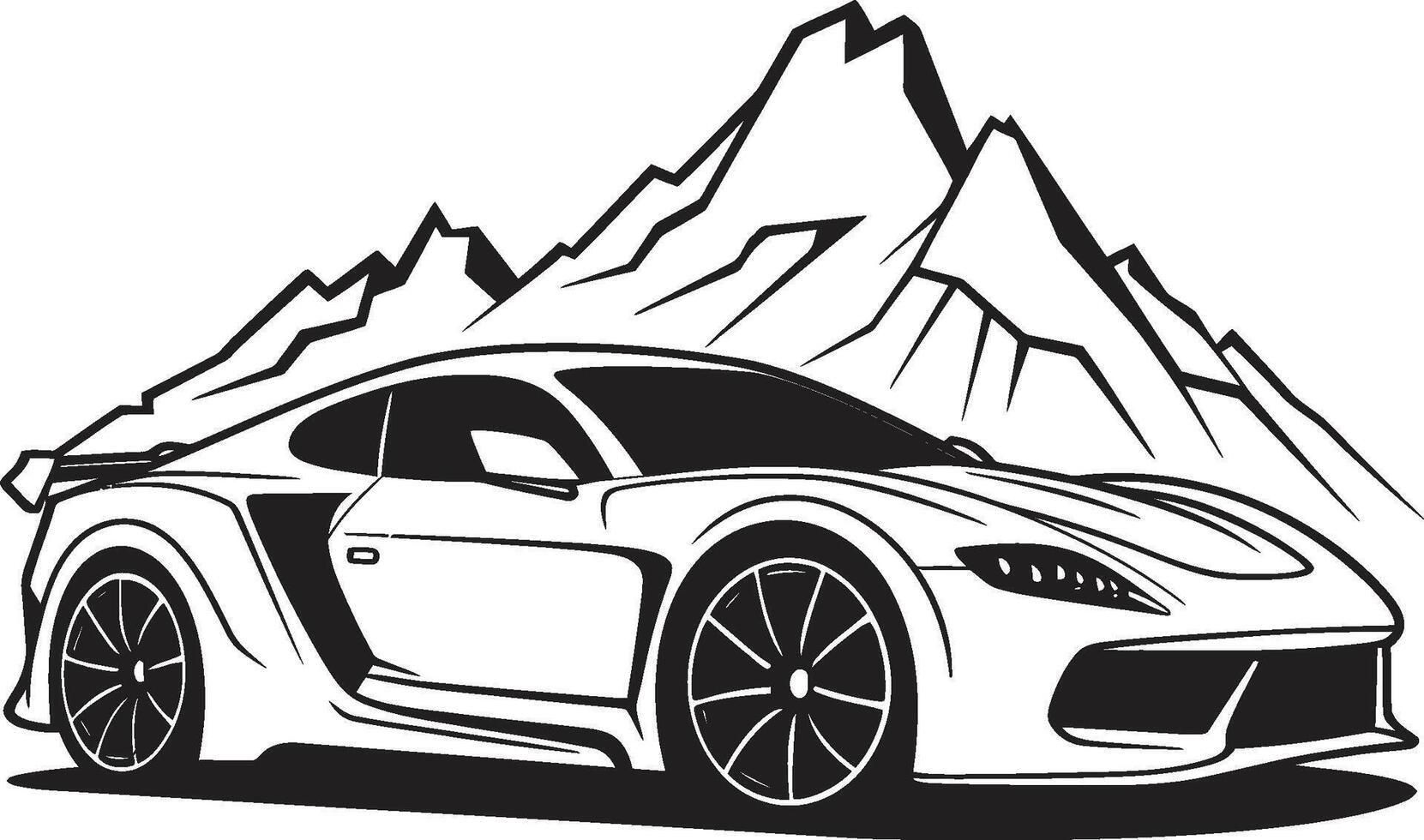 Hochland Horizont ikonisch Vektor Symbol von ein Sport Auto erobern schwarz Berg Straßen Gipfel Synchronität schwarz Logo Design mit ein Sport Auto Symbol im Harmonie mit Berg Wanderwege