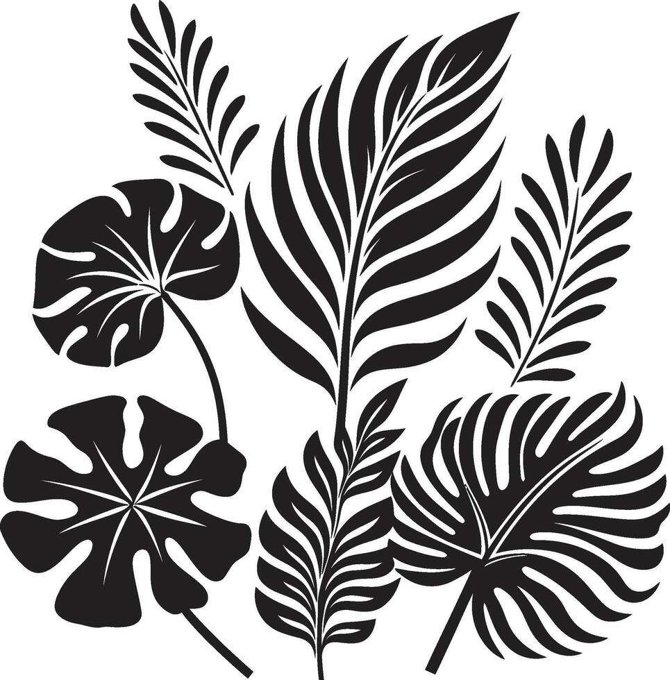 exotisch Laub Vektor schwarz Logo Design mit tropisch Pflanze Blätter und Blumen tropisch Eleganz ikonisch Symbol im schwarz mit Pflanze Blätter und Blume Vektoren