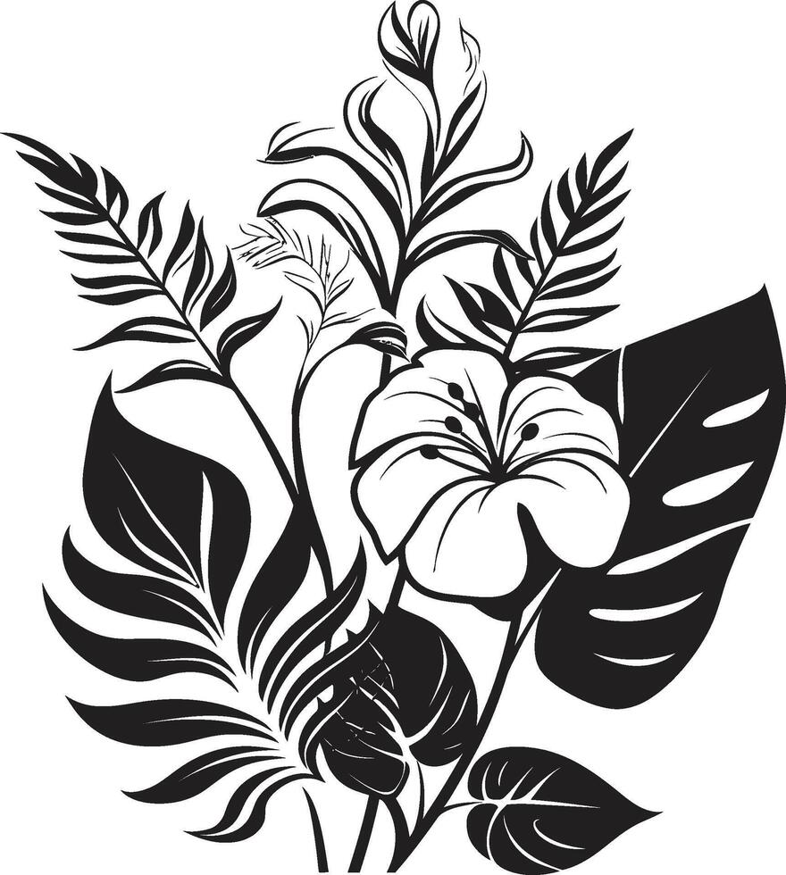 Paradies Blütenblätter glatt Vektor Symbol von tropisch Pflanze Blätter und Blumen im schwarz exotisch Laub Vektor schwarz Logo Design mit tropisch Pflanze Blätter und Blumen