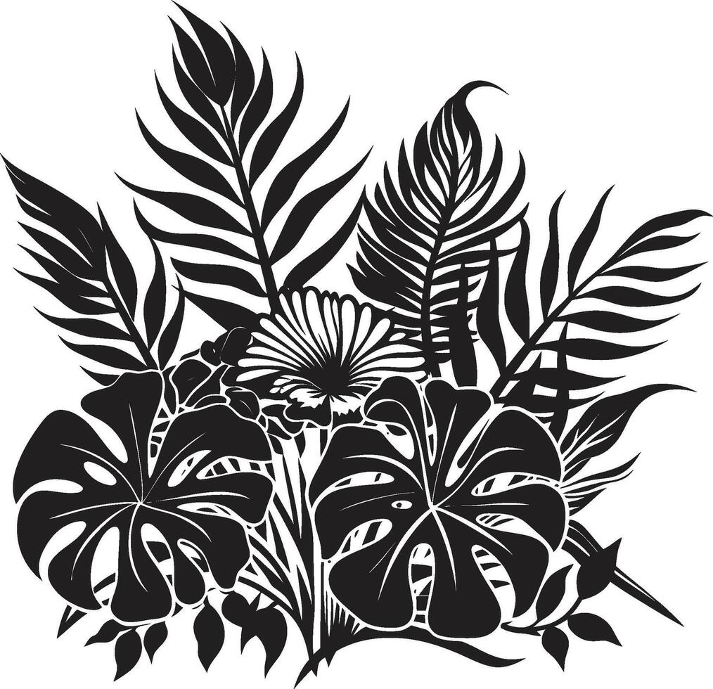 blommig paradis dynamisk svart logotyp design med utsökt tropisk växt element frodig tropikerna vektor symbol av växt löv och blommor i svart logotyp