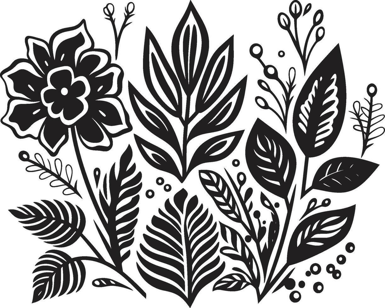 ö oas dynamisk svart logotyp design med tropisk växt löv och blommor paradis kronblad elegant vektor ikon av tropisk växt löv och blommor i svart