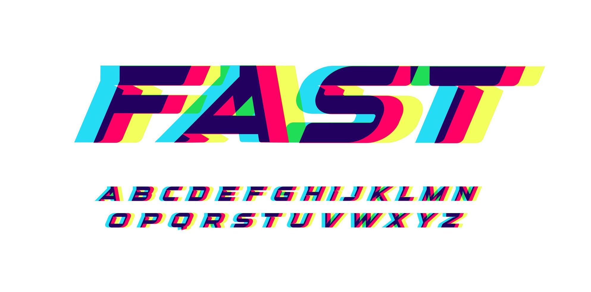 övertryck bokstäver och siffror. glödande röd blå gul spektrum effekt stil vektor latinska alfabetet. teckensnitt för cybersport, racing, bil, logotyp och affischdesign. typografi design.