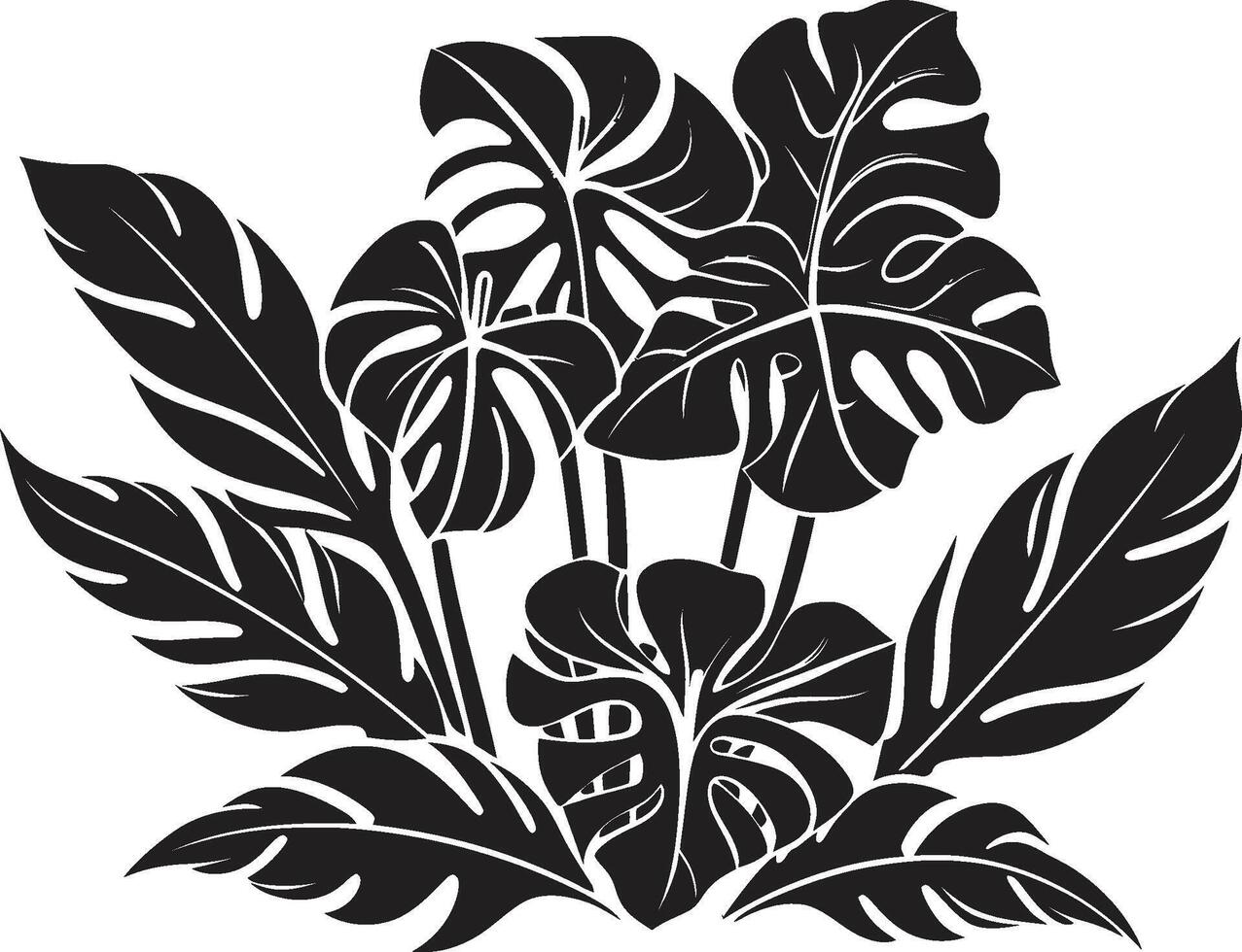 Urwald Harmonie Vektor schwarz Logo mit exotisch Pflanze Blätter und Blumen tropisch locken ikonisch Symbol im schwarz mit Pflanze Blätter und Blume Vektoren