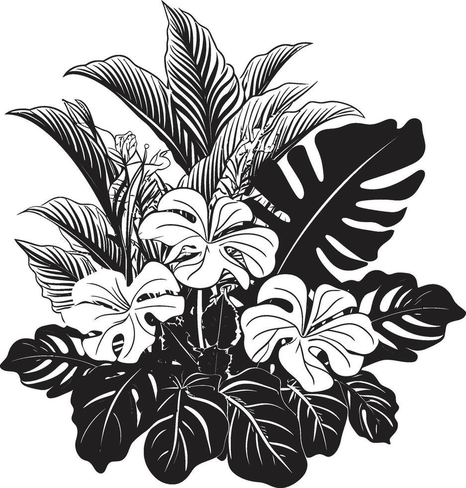 botanisch Glückseligkeit glatt schwarz Symbol Design mit tropisch Pflanze Blätter und Blumen Urwald Harmonie Vektor schwarz Logo mit exotisch Pflanze Blätter und Blumen