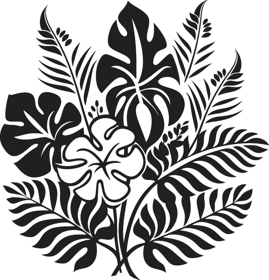 blommig paradis dynamisk svart logotyp design med utsökt tropisk växt element frodig tropikerna vektor symbol av växt löv och blommor i svart logotyp