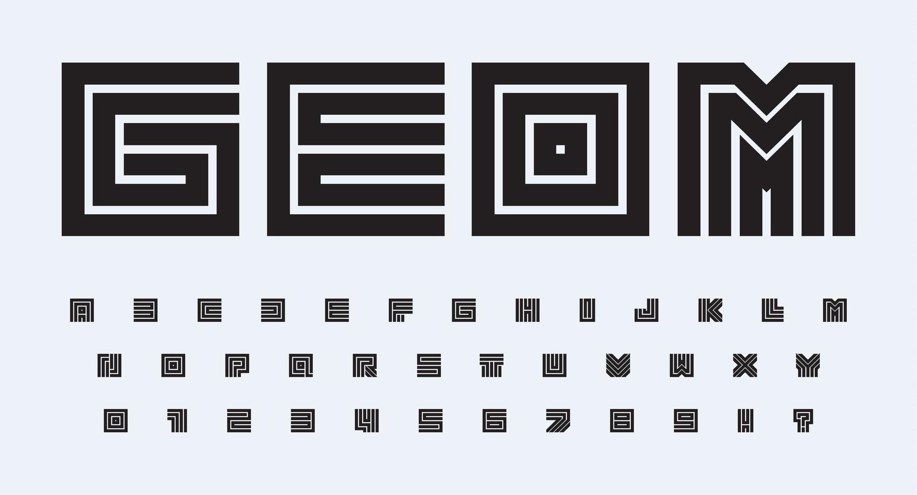 quadratisches geometrisches Alphabet, fette Konturen, quadratische Buchstaben und Zahlen. Linien Straße und Labyrinth Stilisierung Vektor typografisches Design. minimale Typografie für moderne ungewöhnliche Zeitschriftenüberschriften und Logos