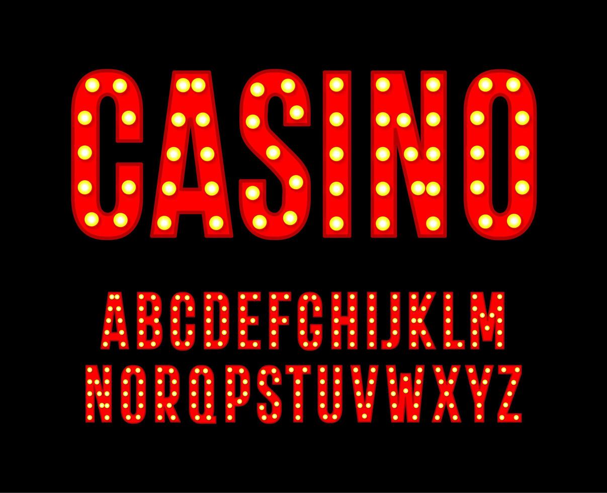 rote Buchstaben mit Glühbirnen. hohes und schmales Alphabet. Schriftart für Kino-Casino-Poster, Karnevals- und Festivaldekoration, Logos für Glücksspiel-Nachtclubs. Vektortypografie-Design vektor