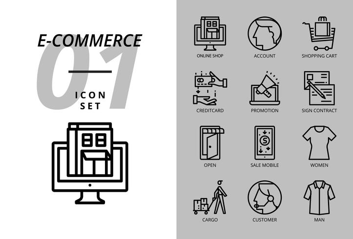 Icon-Pack für E-Commerce, Online-Shop, Konto, Einkaufswagen, Kredit bezahlen, Förderung, Vertragsunterzeichnung, Ladengeschäft, Verkaufsmobile, Frauenstoff, Fracht, Kunde, Mannstoff. vektor