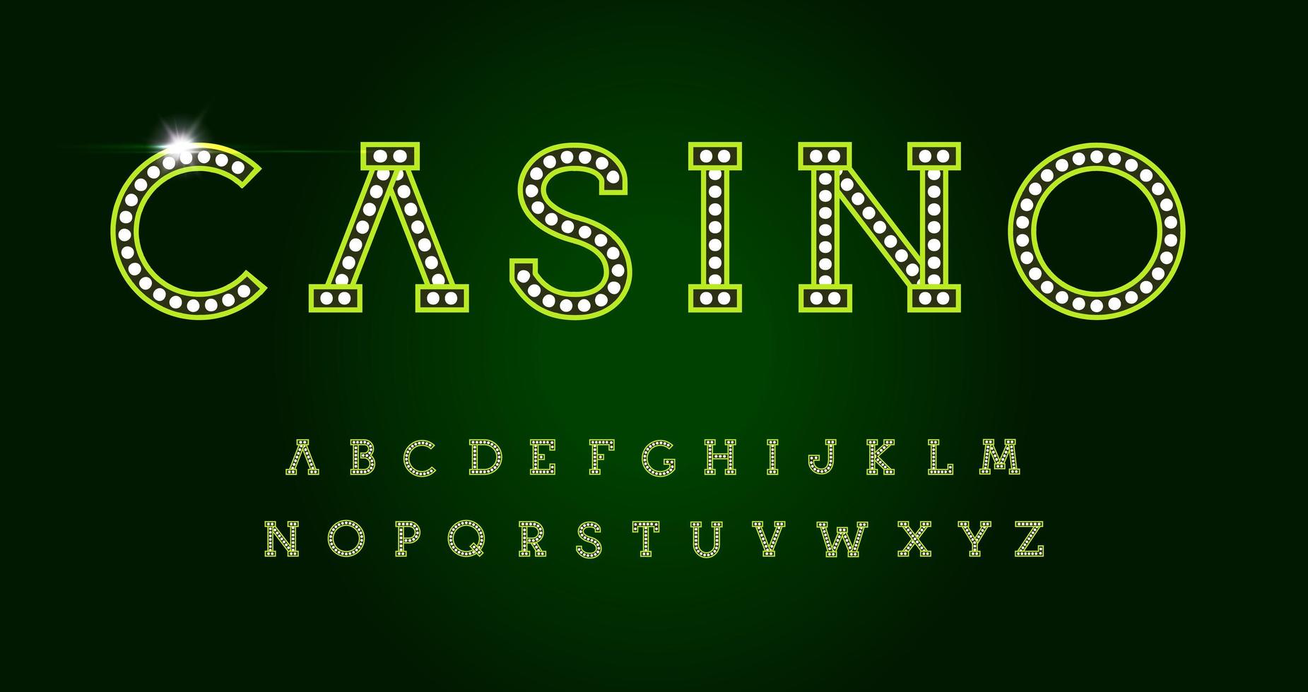 Casino-Buchstaben auf grünem Hintergrund. grüner Luxus-Stil Vektor lateinisches Alphabet. Schriftart für Events, Web-Business, Promo, Logos, Banner, Monogramm und Poster. Typografie-Design.