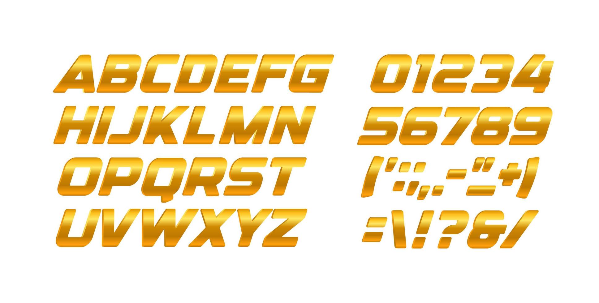 guld bokstäver och siffror set. gyllene gradient stil vektor latinska alfabetet. kursiv djärv typografidesign.