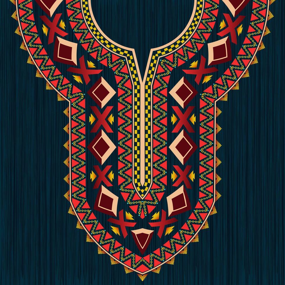 en vibrerande nacke design med invecklad geometrisk motiv i stam- stil. symmetrisk digital mönster för de urringning av indisk Kurta, Kurti, kaftan klänning, och afrikansk dashiki skjorta. vektor