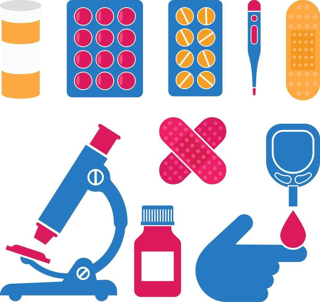 medicinsk och sjukvård element. sår plåster, medicin, mikroskop, blod socker, glukos, diabetes nivå testning ikoner vektor