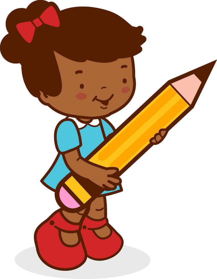 Kind beim Schule tun Hausaufgaben. ein süß afrikanisch amerikanisch Mädchen Schüler Schreiben mit ein groß Bleistift. Vektor Illustration