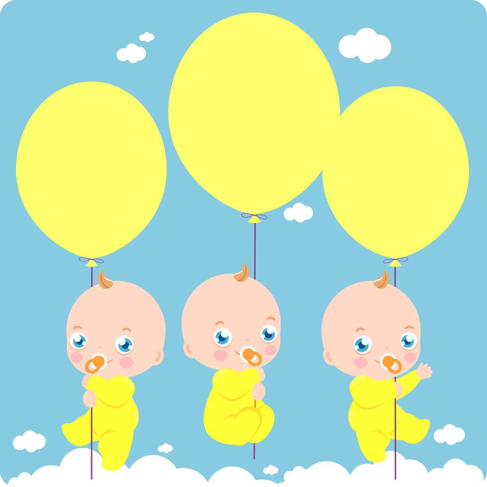 Babys mit Gelb Luftballons im das Himmel. Baby Dusche Party Neugeborene Baby. Vektor Illustration