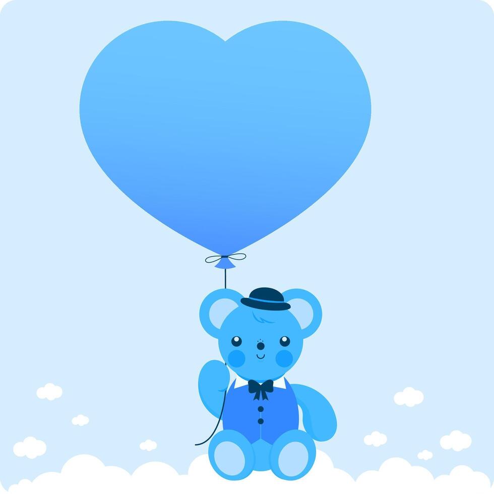 blå teddy Björn och ballong. bebis teddy Björn med blå kostym innehav en hjärta formad ballong i de himmel. vektor illustration