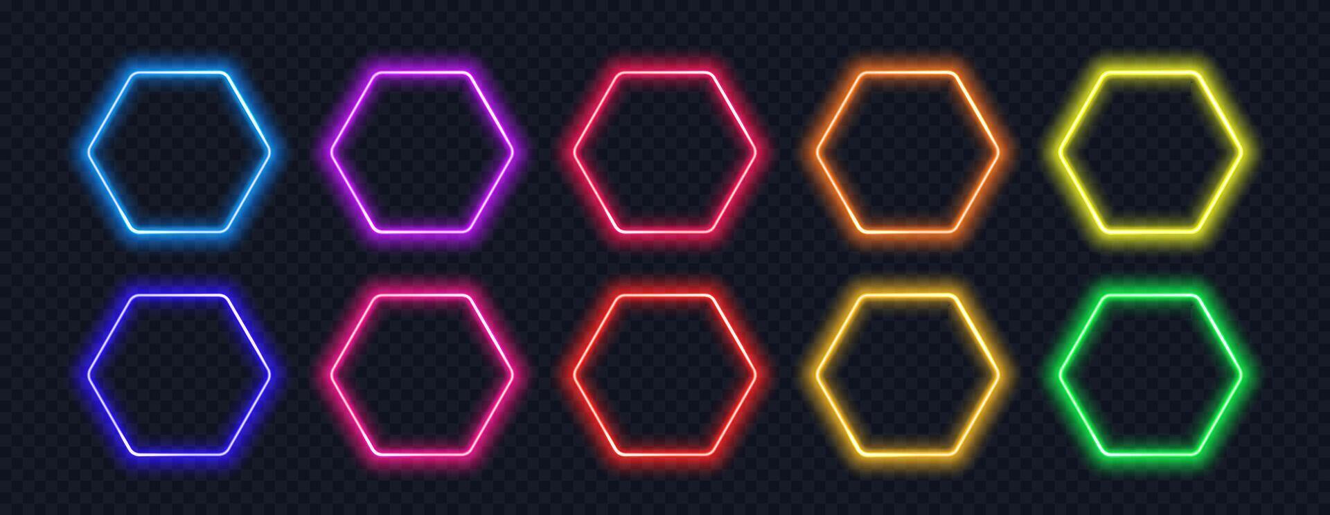 Neon- Hexagon Rahmen isoliert auf schwarz Hintergrund. glühend bunt Taste. Design Element im futuristisch Stil. vektor