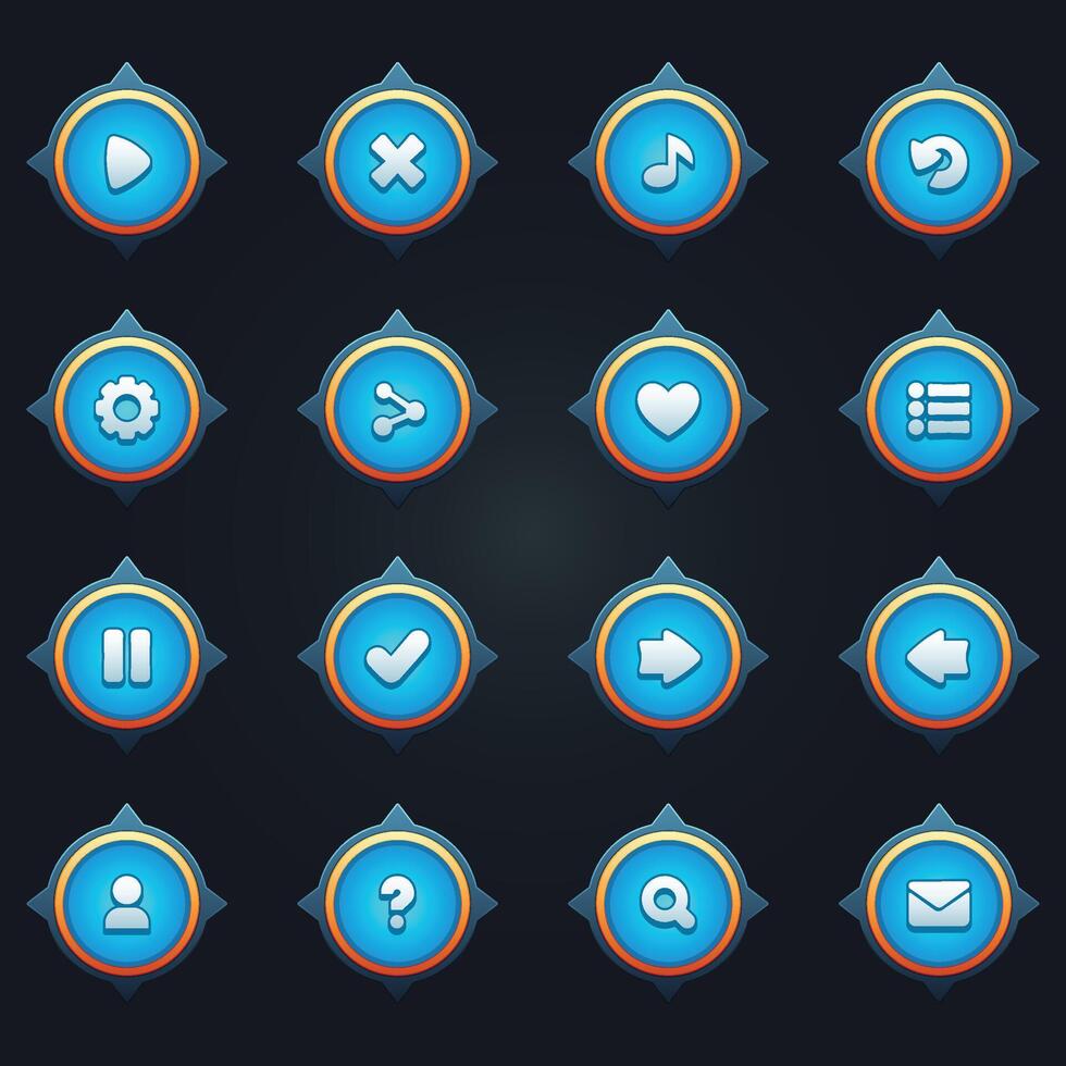 spel ui uppsättning av blå knappar i tecknad serie stil gui till bygga 2d spel tecknad serie tillfällig knappar utrustning vektor