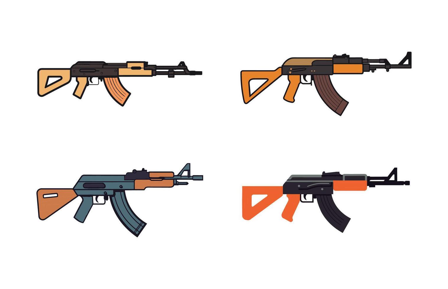 ak47 ikon uppsättning. kalashnikov maskin pistol illustration uppsättning. ak 47 automatisk gevär vektor uppsättning