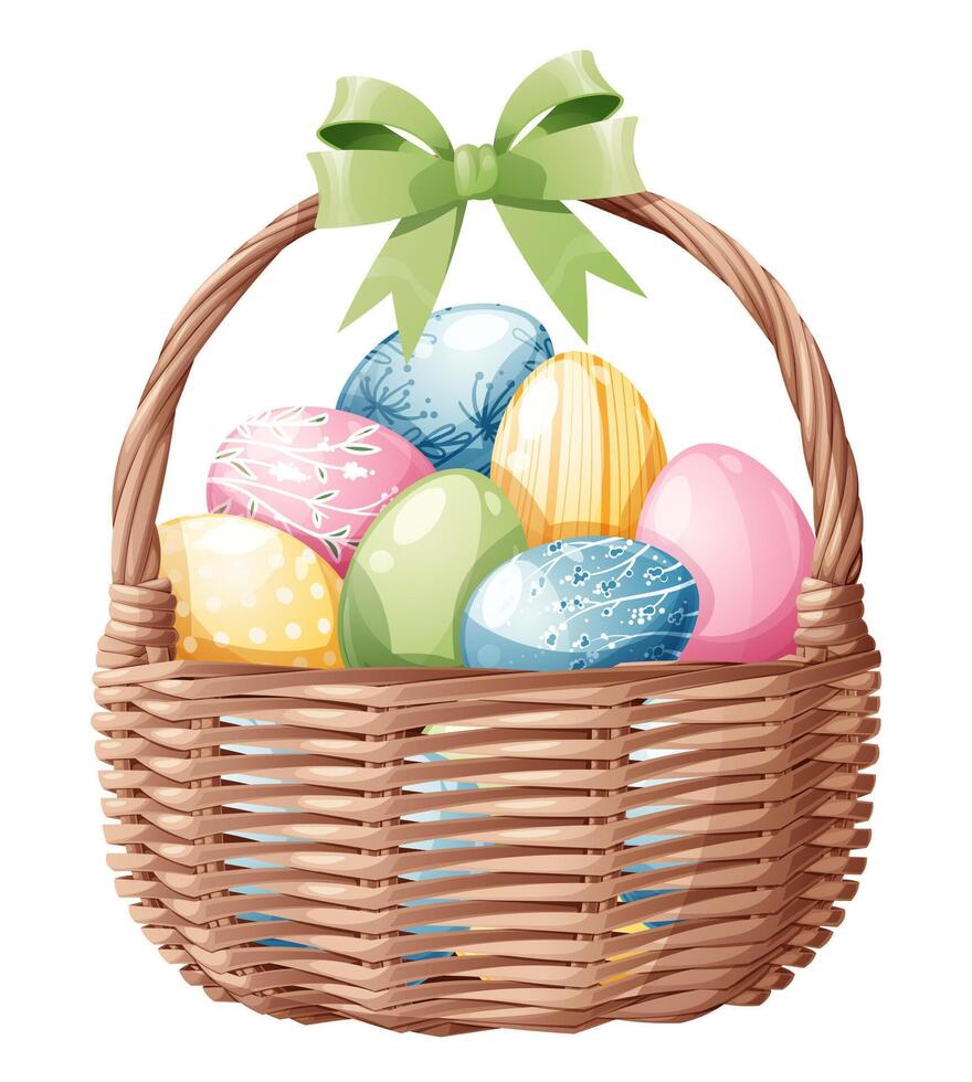 Korb mit Ostern Eier auf ein isoliert Hintergrund. Vektor Illustration zum glücklich Ostern. Ostern Clip Art zum Karten, Aufkleber, usw.