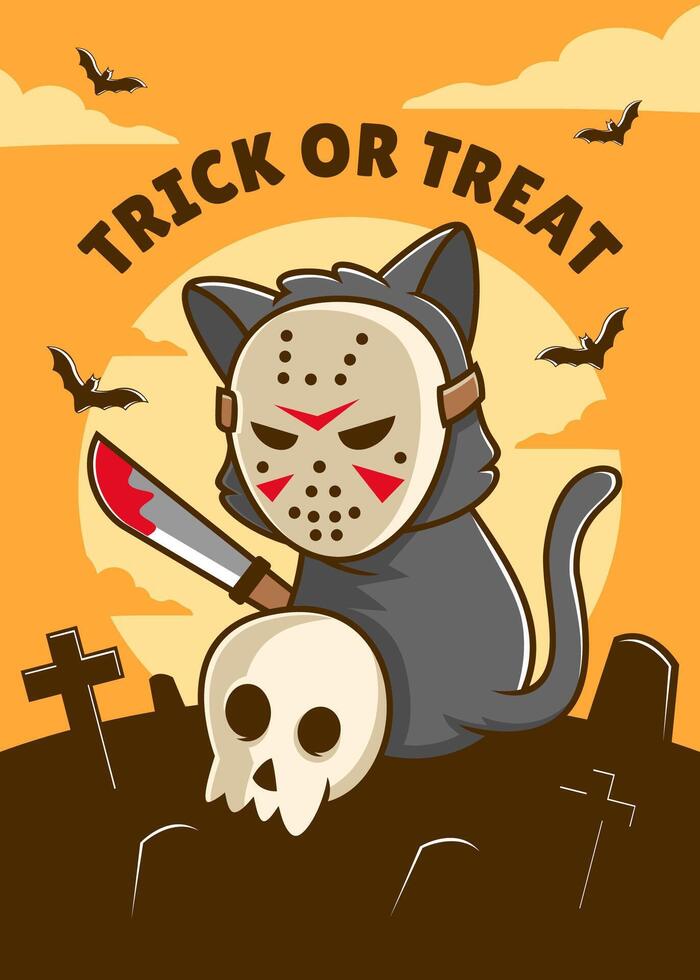 Lycklig halloween rolig katt med fladdermöss, pumpa, skalle. vektor illustration