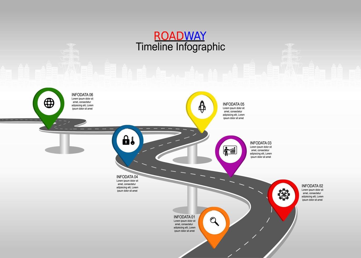 Vektorvorlage Infografik Zeitleiste der Geschäftstätigkeit mit Flaggen und Platzhaltern auf kurvigen Straßen. Symbole, Schritte für eine erfolgreiche Geschäftsplanung geeignet für Werbung und Präsentationen vektor