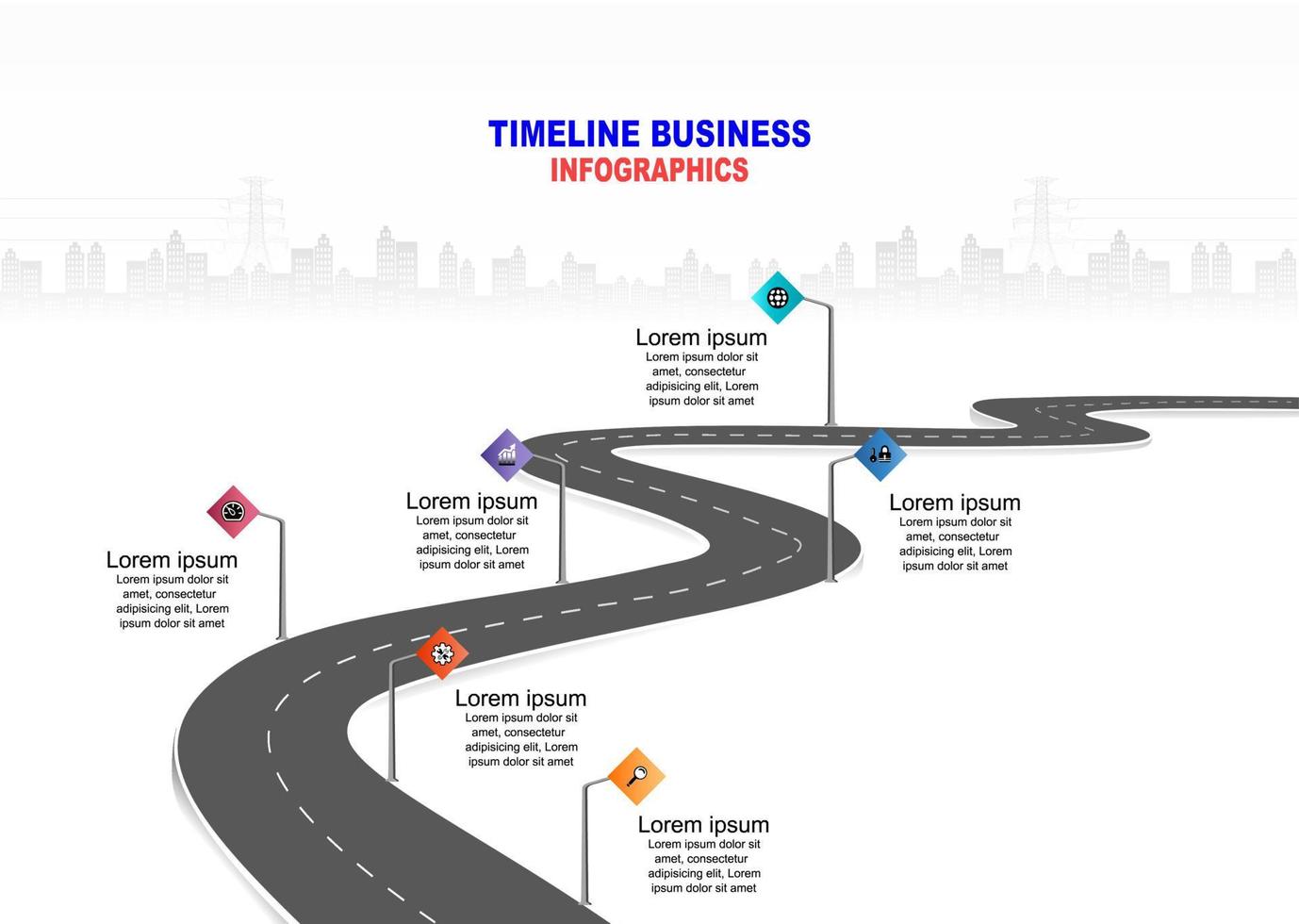 Vektorvorlage Infografik Zeitleiste der Geschäftstätigkeit mit Flaggen und Platzhaltern auf kurvigen Straßen. Symbole, Schritte für eine erfolgreiche Geschäftsplanung geeignet für Werbung und Präsentationen vektor