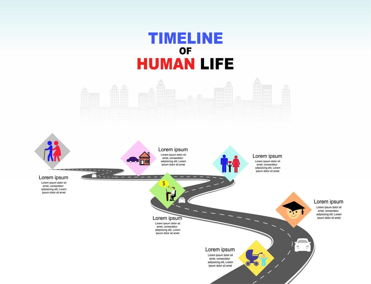 Vektorvorlage Infografik Zeitleiste des menschlichen Lebens mit Flaggen und Platzhaltern auf kurvigen Straßen. Symbole, Schritte für eine erfolgreiche Geschäftsplanung geeignet für Werbung und Präsentationen. vektor