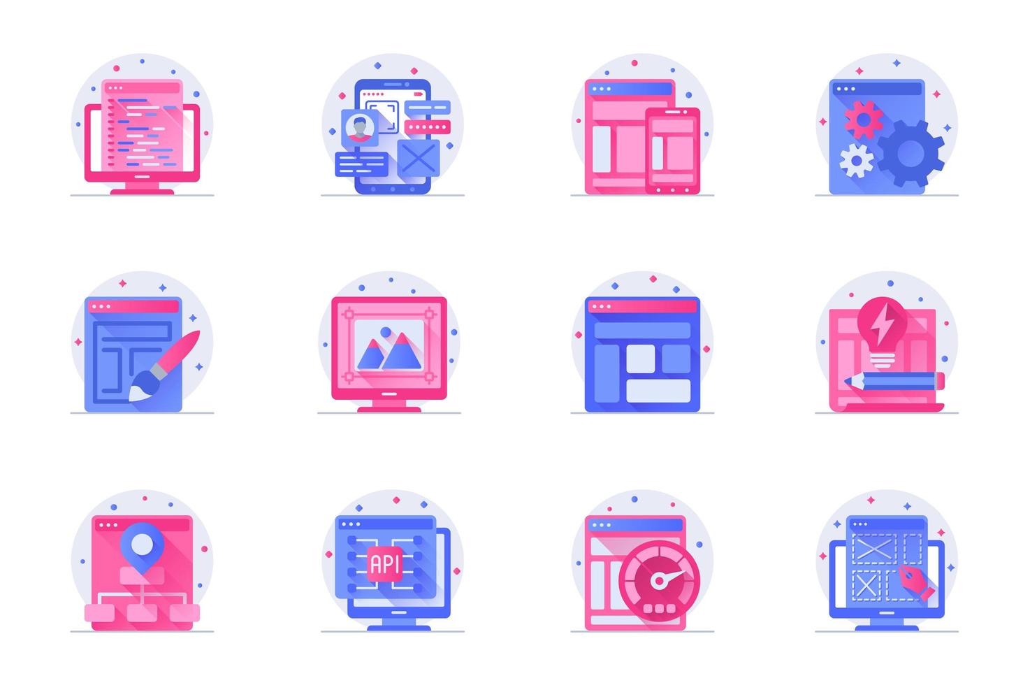 Design- und Entwicklungskonzept Web-flache Farbsymbole mit Schattensatz. Pack-Piktogramme für Seitenoptimierung, Layout, Einstellungen, Bild und andere. Vektorillustration von Symbolen für mobile App der Website vektor