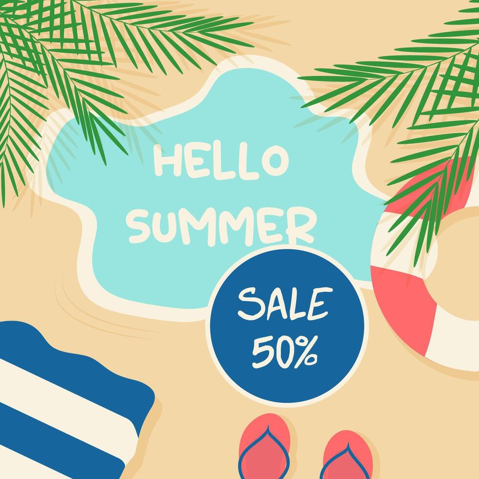 ein Banner mit ein Retro-Stil Strand. Poster von das Sommer- Verkauf Strand mit Palme Bäume Handtuch, Kreis, Schiefer, Hallo Sommer. vektor