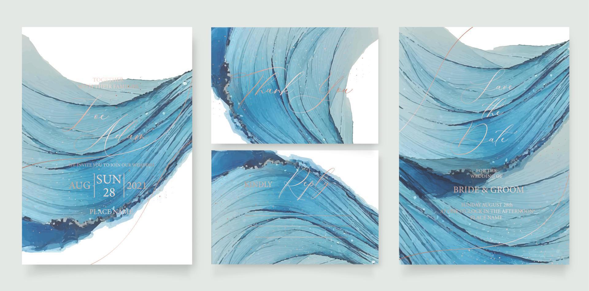 bröllop inbjudningskort blå akvarell stil samling design, akvarell textur bakgrund, broschyr, inbjudningsmall. vektor