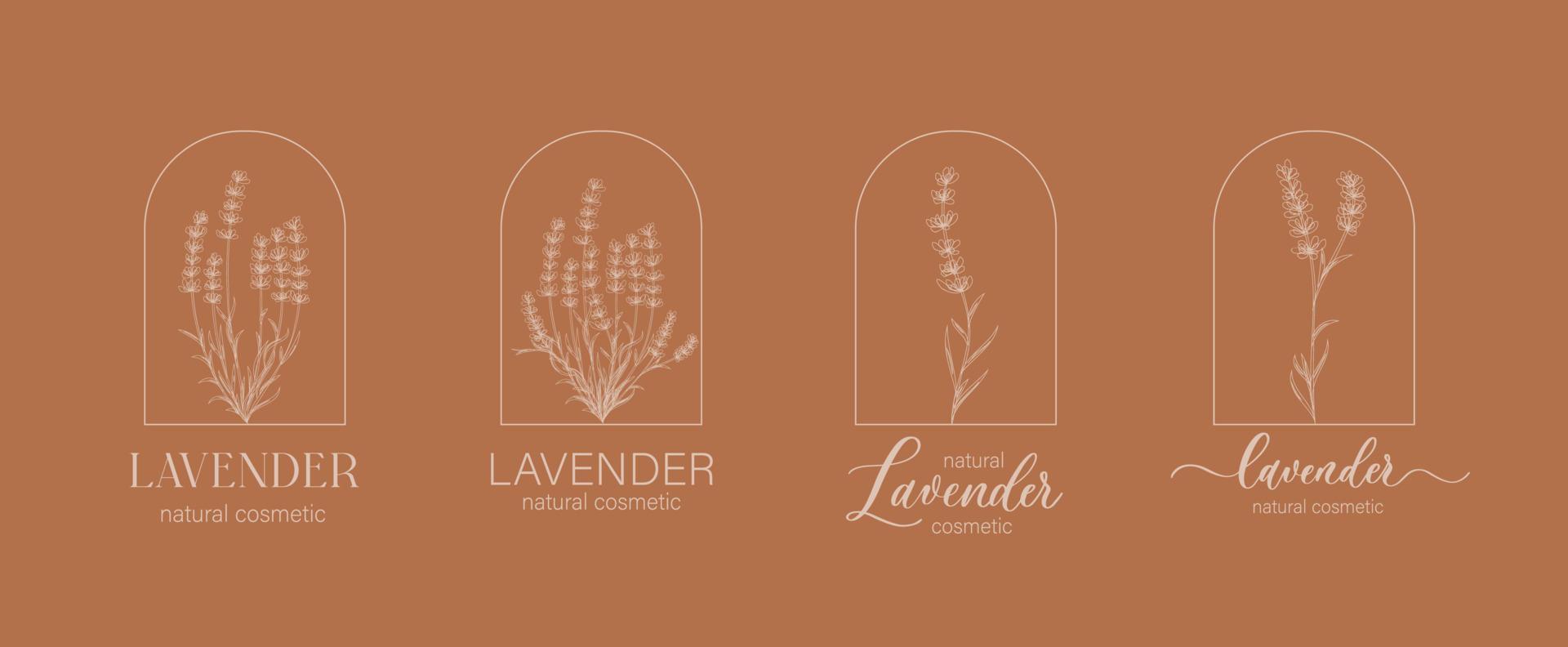 Lavendel-Logo und Zweig. handgezeichnetes Hochzeitskraut, Pflanze und Monogramm für Einladung, Datum speichern, Kartendesign. botanische rustikale trendige Grünvektorillustration. vektor