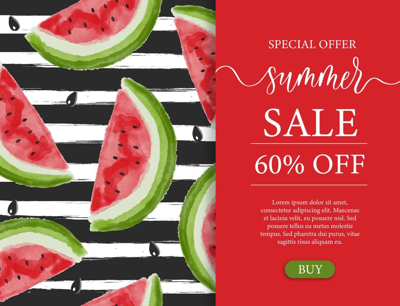 sommarrea med akvarell vattenmelon på trendig randig bakgrund och handskrivna bokstäver vektor. vektor