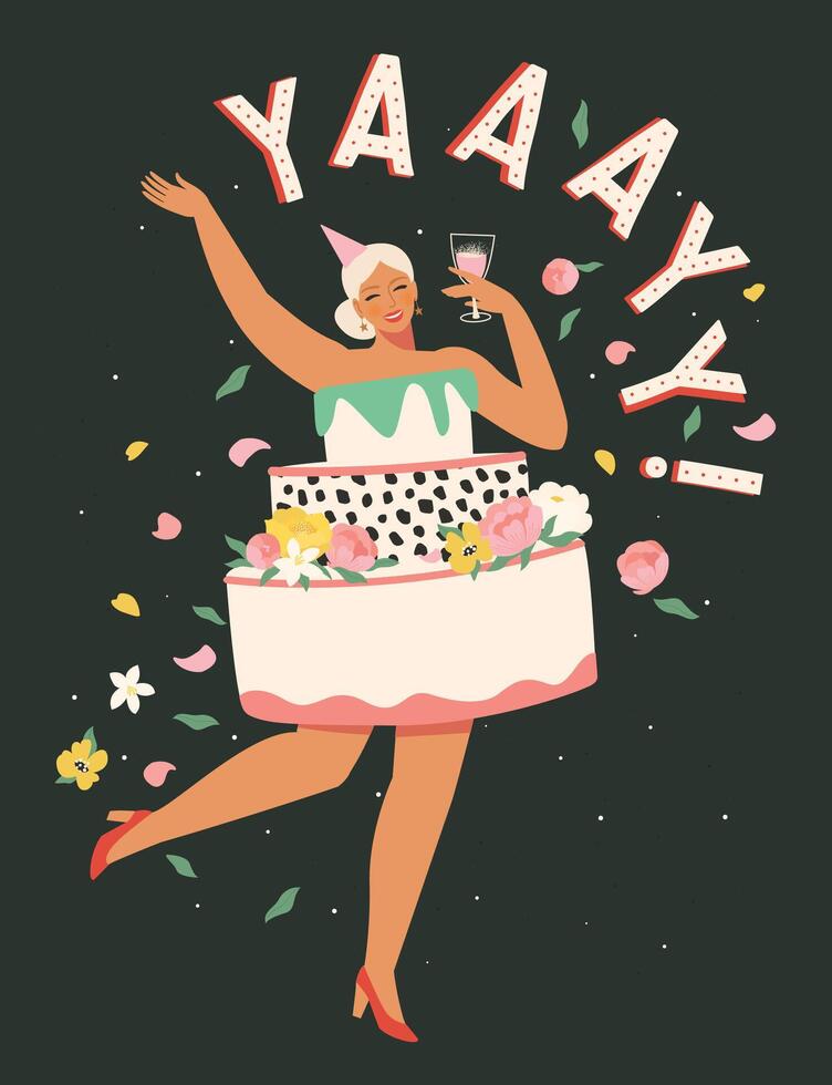 schön Mädchen gekleidet im ein Kuchen Kleid feiert ihr Geburtstag Tanzen mit ein Glas Yay vektor