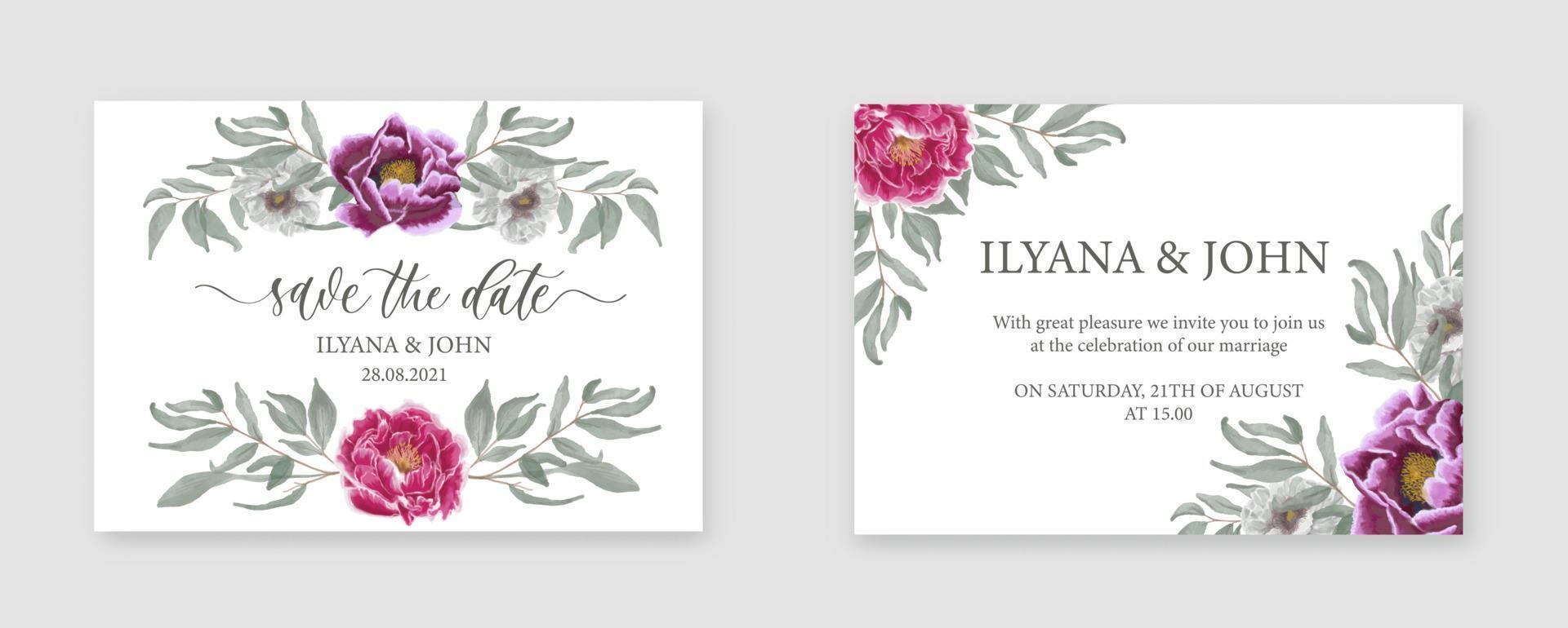 Hochzeitseinladungskartenschablone mit Aquarellpfingstrose. Speichern Sie das Datum mit Blumen und Blättern, Aquarellstil zum Drucken, Abzeichen. vektor