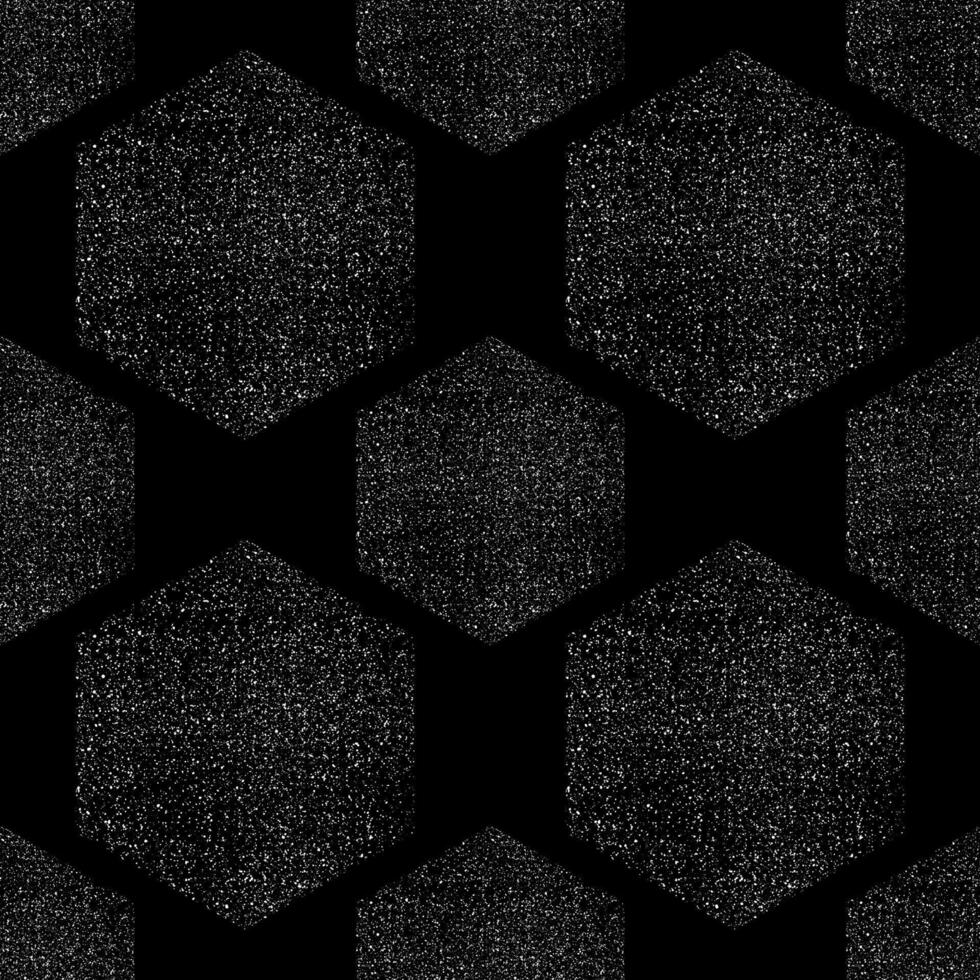 Sechsecke mit körnig Textur nahtlos Muster auf schwarz Hintergrund. Vektor nahtlos Grunge Bienenwabe Muster.wiederholend Hintergrund. modisch stilvoll Verpackung Papier körnig textur.geometrisch Fliesen mit Punkte