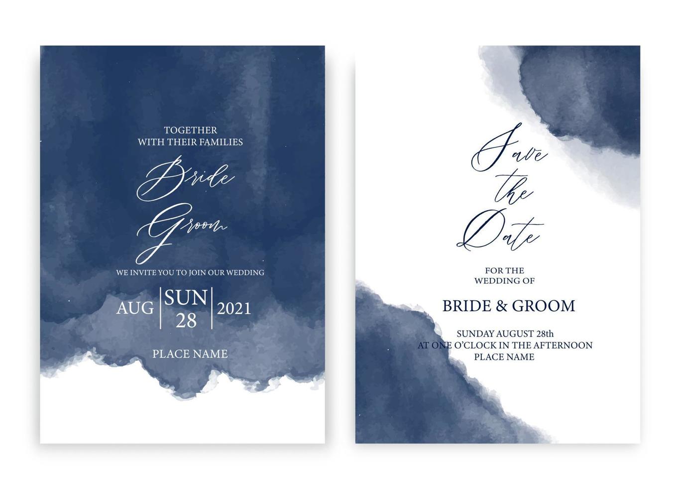 bröllopsinbjudningskort marinblå akvarell stil samling design, akvarell textur bakgrund, broschyr, inbjudningsmall. vektor